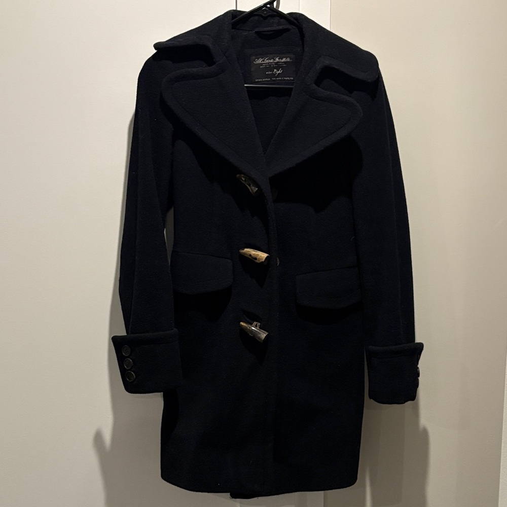 All Saints Black dark navy/ black blue duffle toggle wool coat